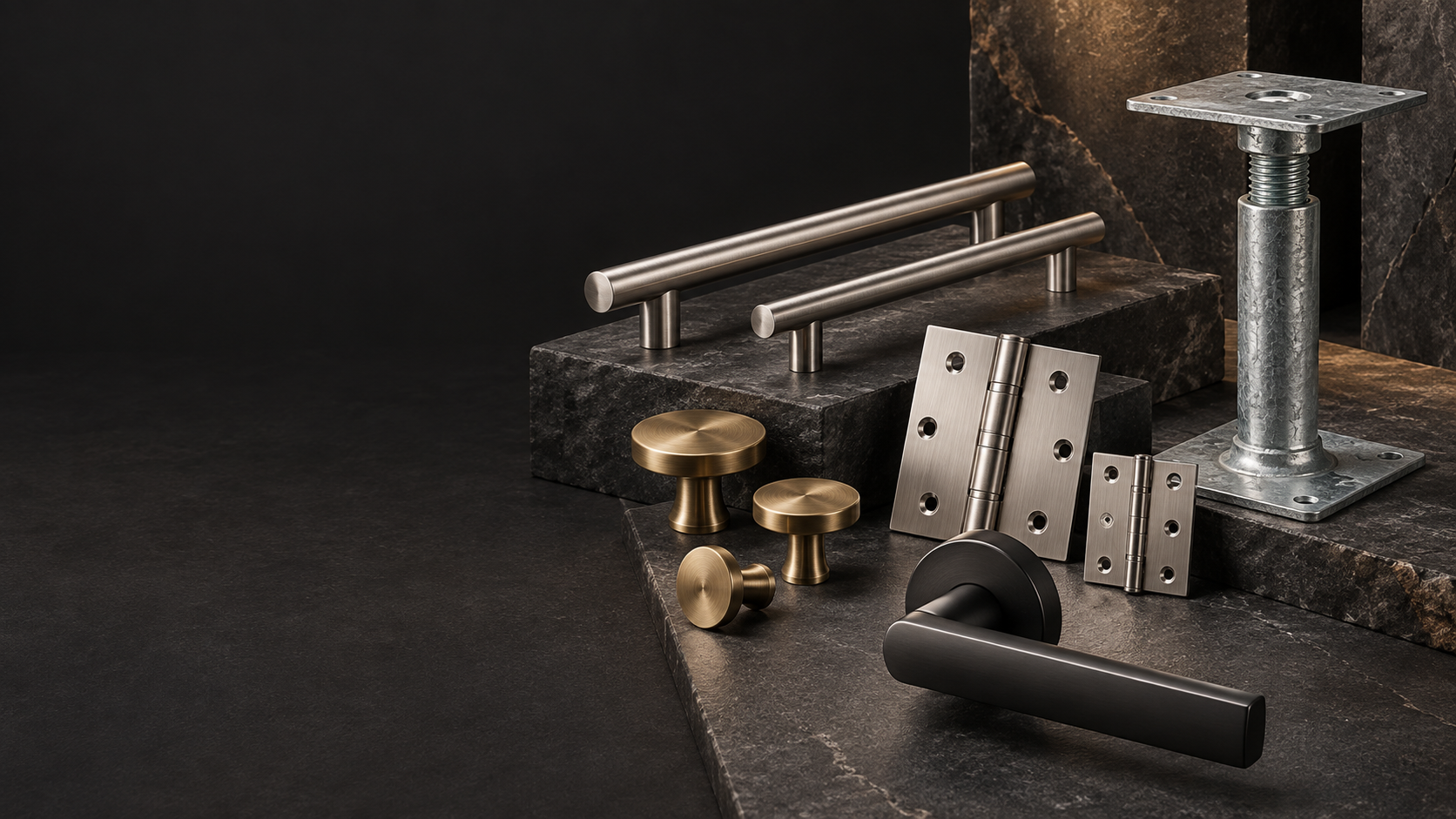 Illustrative arrangement of architectural hardware and a raised floor pedestal